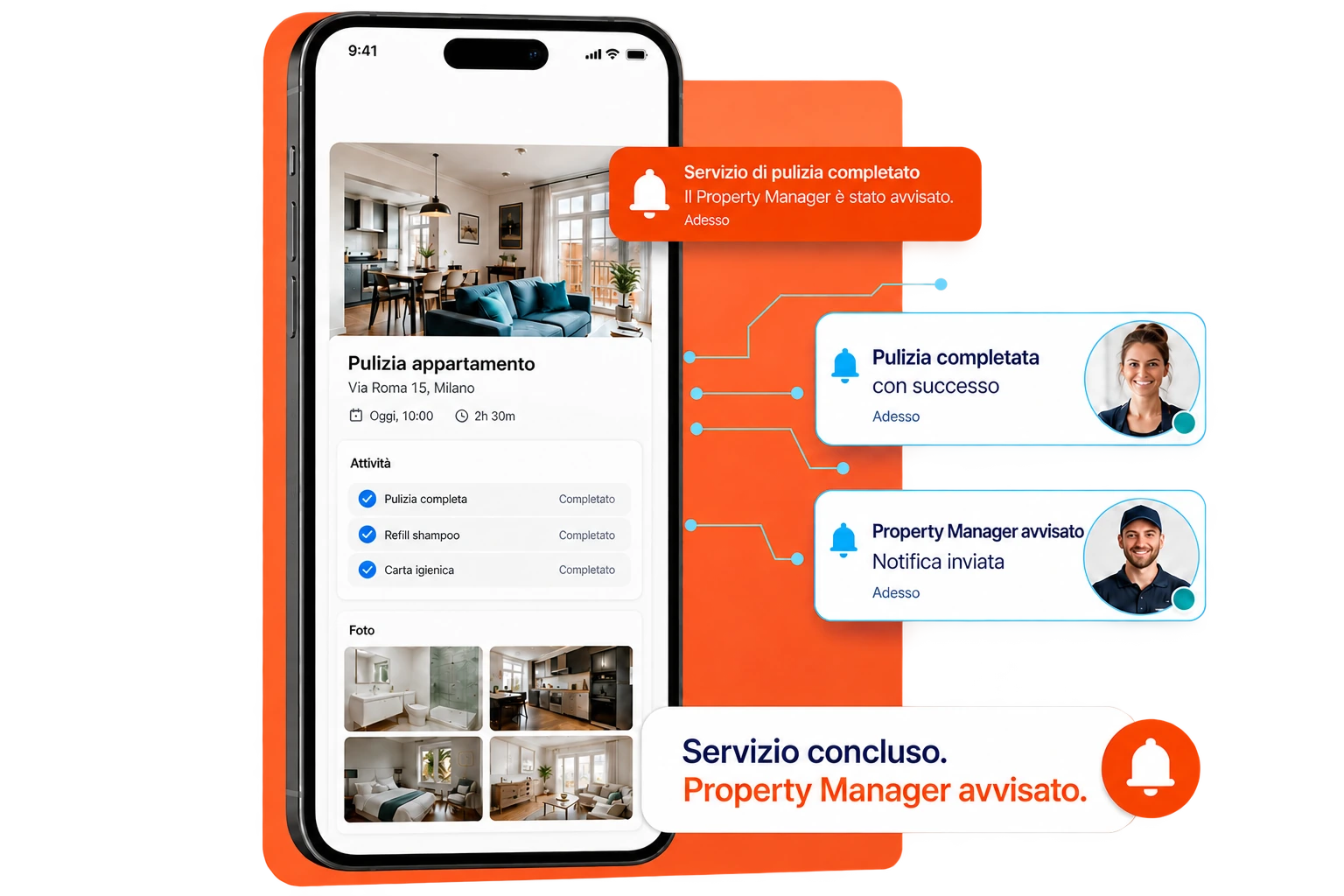 Intervento di pulizia completato su Amanda con notifica al Property Manager